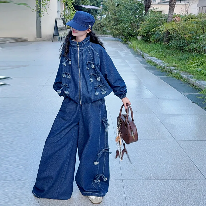 

Autumn Children Girls Denim Sets Kids Girls Bowknot Ear Edge Round Neck Coat Teenager Girls Wide Leg Jean School Girls 2pcs Suit