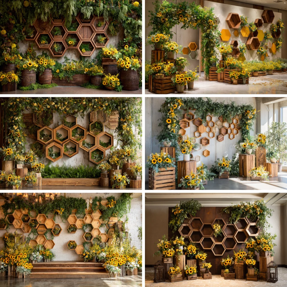 

Sunflower Flower Bee Daisy Theme Background Sweet Honeycomb Wall Rural Wooden Board Kids Birthday Family Party Decor Background