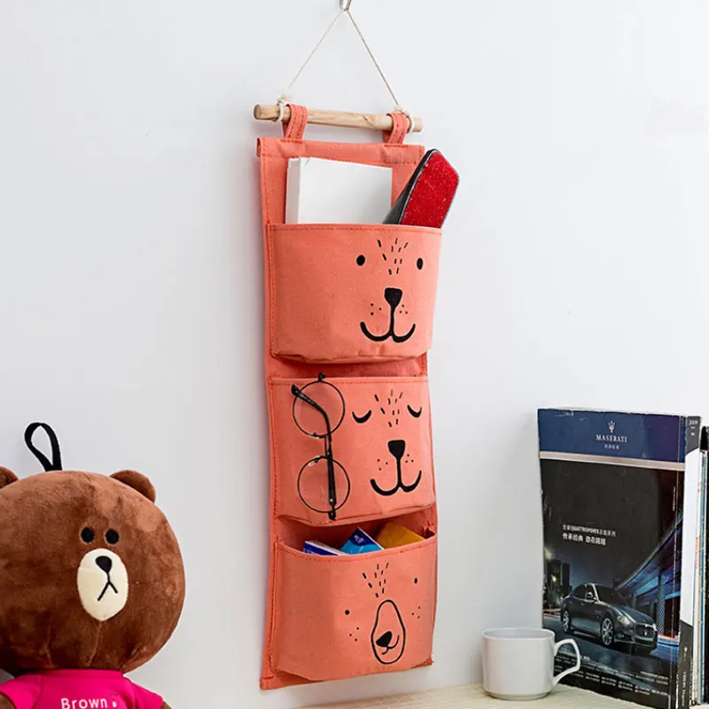 

3 Pockets Linnen Wall Mounted Storage Bag Closet Organizer Clothes Hanging Storage Bag Children Room Pouch Home Decor