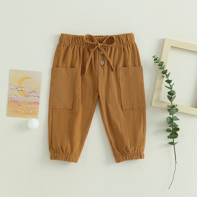 Cotton Linen Casual Baby Pants Toddler Boys Girls Casual Bottom Summer Autumn Solid Drawstring Button Children Pockets Trousers