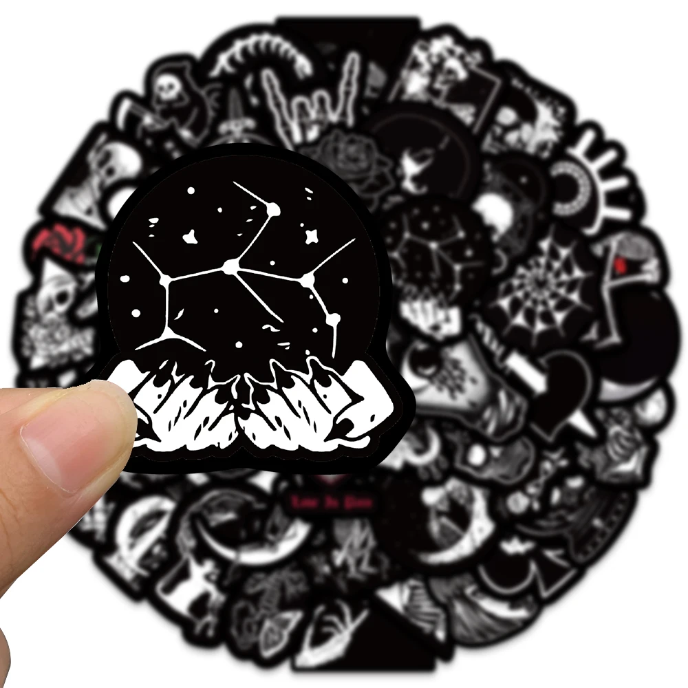 50pcs Dark Skull Sticker Cartoon Black and White Graffiti Decal For Phone Laptop Luggage DIY Decoration Sticker Halloween Gift