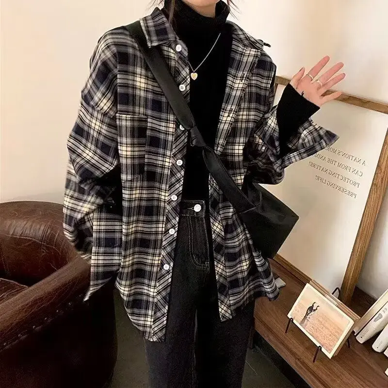 

plus Size Women's Plaid Shirt Spring Autumn Loose Long Sleeve Slimming Casual Outerwear Versatile Youth Trend Chinese Brand