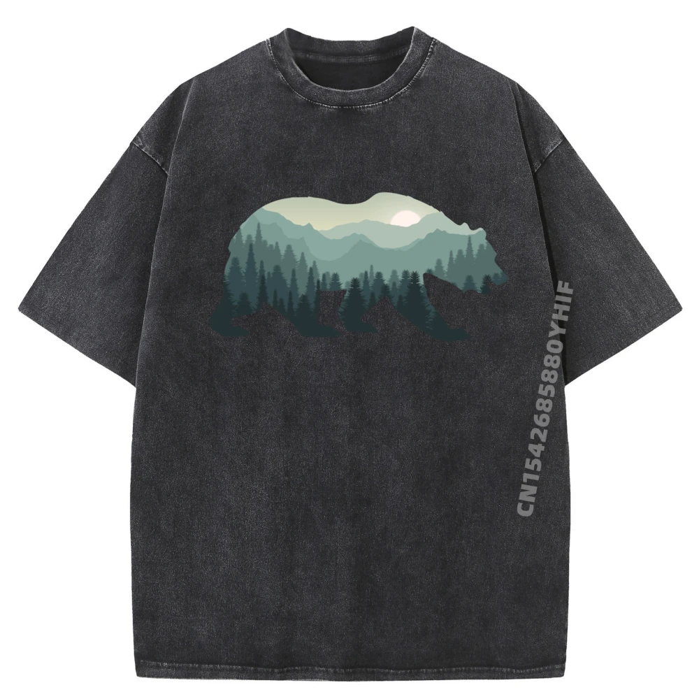 

Forest Bear Silhouette Big And Tall T Shirts Men's Clothing Oversized Washed Shirt Streetwear Graphic Clothes