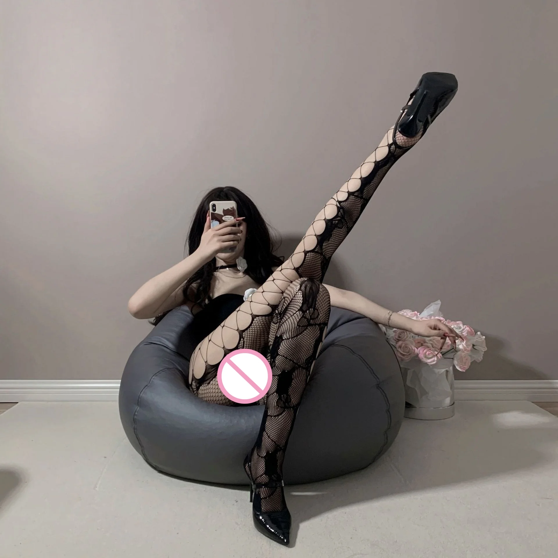 New Versatile Bold Seductive Stockings Retro Fishing Net Socks Black Side Mesh Rose Sexy Hollow Stockings Pantyhose Black Silk view 5