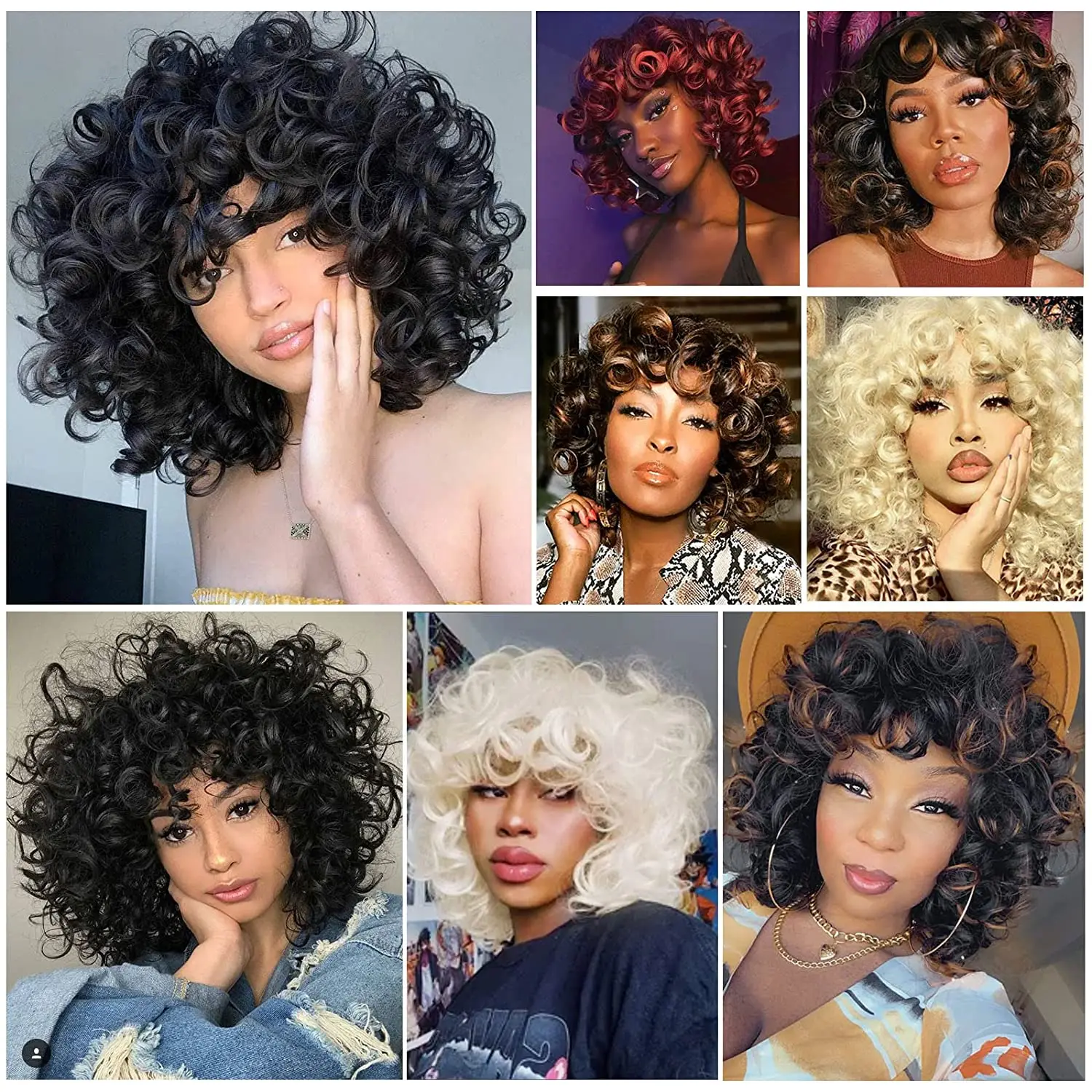 Wigera Sintetis Tembaga Merah Longgar Keriting Hitam Wanita Afro Aneh Wig Keriting dengan Poni Rambut Tahan Panas Berbulu Elastis Wig Bob