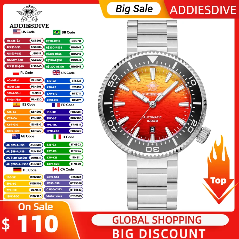 ADDIESDIVE Automatic Mechanical Men's Watch BGW9 Luminous 1000m Diving Waterproof Ceramic Bezel 316L Stainless Steel Wristwatch
