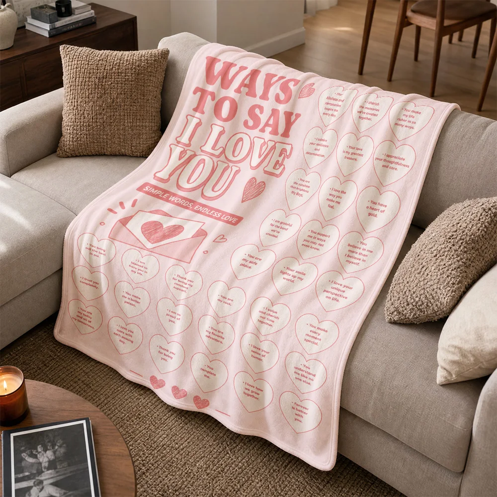 Blush Pink Throw Blanket Ways To Say I Love You Romantic Message Decorative Cozy Throw for Sofa Bed Home Decor Gift Idea