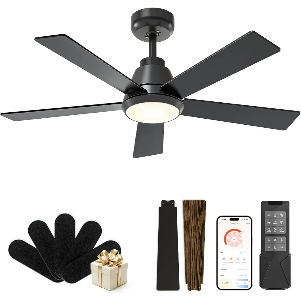 

42 inch black ceiling fan with light and remote/APP control, silent, adjustable brightness from 3000-6500K