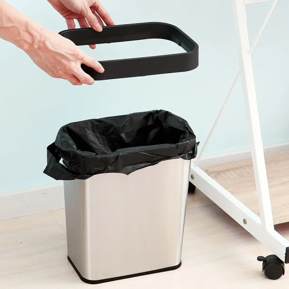 

Rectangle Stainless Steel Trash Can Compact Space Saving Design Fixed Ring Keeps Bag Secure Elegant Modern Home Decor Waste