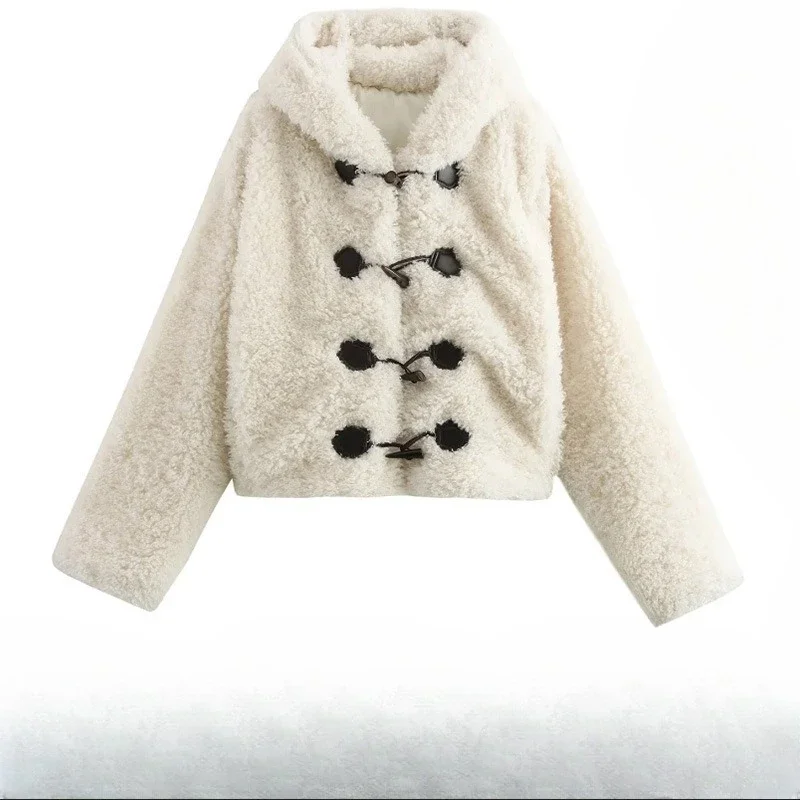 معطف قصير نسائي أوروبي وأمريكي باللون العنابي للشتاء، فرو صناعي سميك، فرو نسائي مريح، لطيف