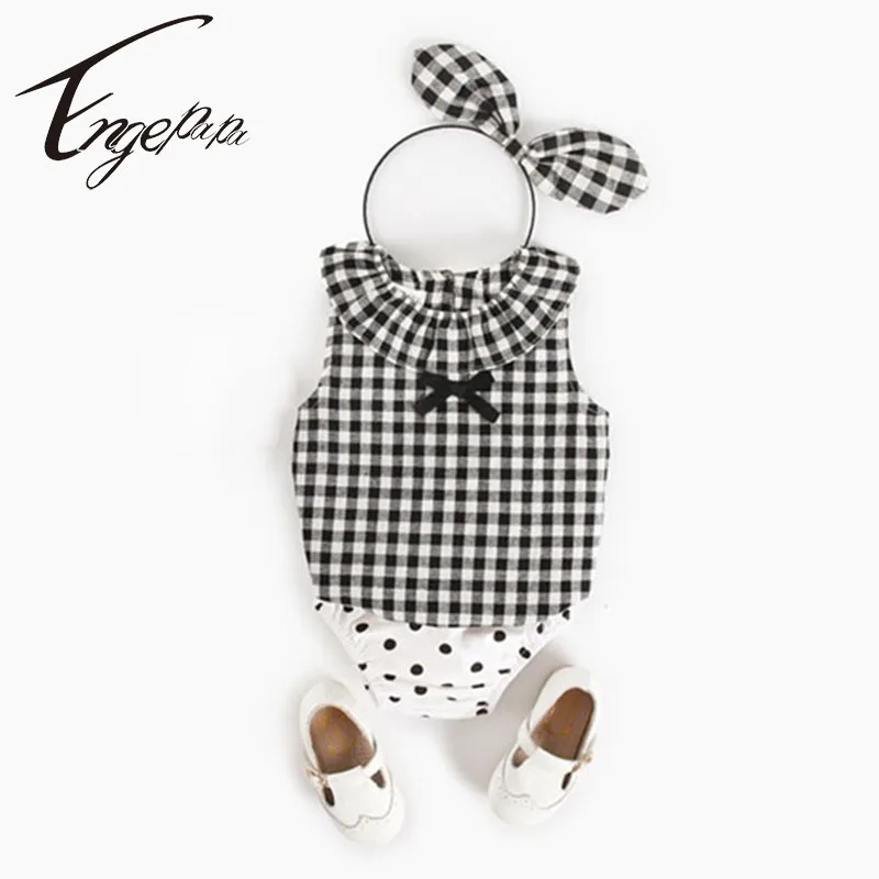 

Korean Style Toddler Baby Girl Summer Clothes Sleeveless Shirt+PP Shorts 2PCS Plaid Cotton Baby Girl Lapel Costume Girl Outfit