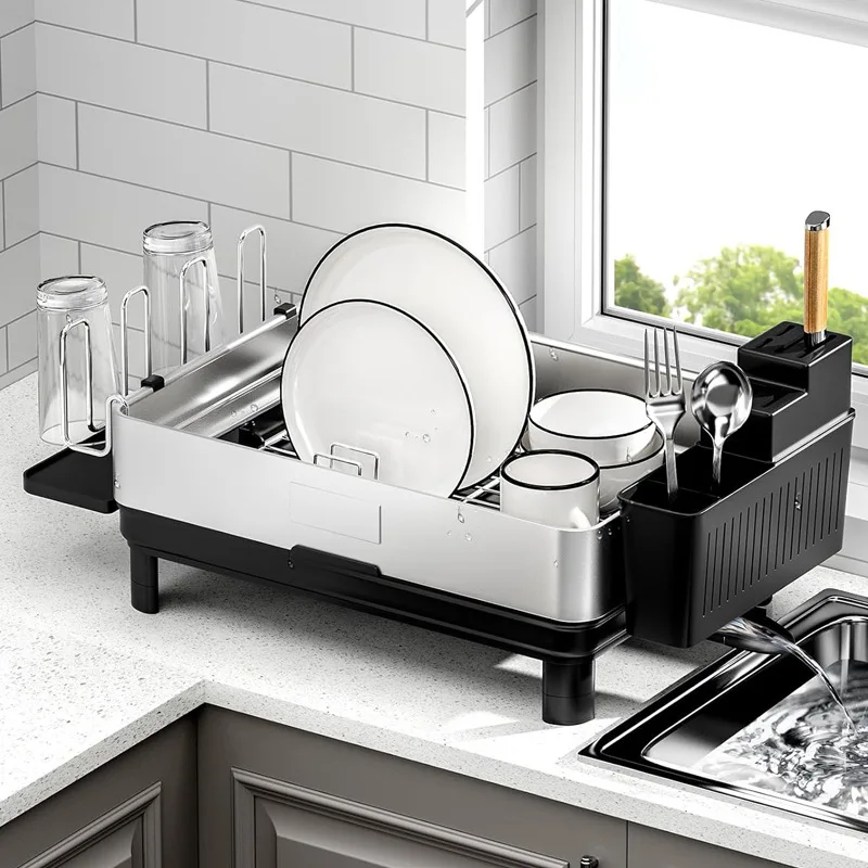 Hotel Kitchen Dish Drying Rack Swivel Spout Fingerprint-Proof Stainless Steel Drain Kitchen Sink Dish Storage Frame Floor Type