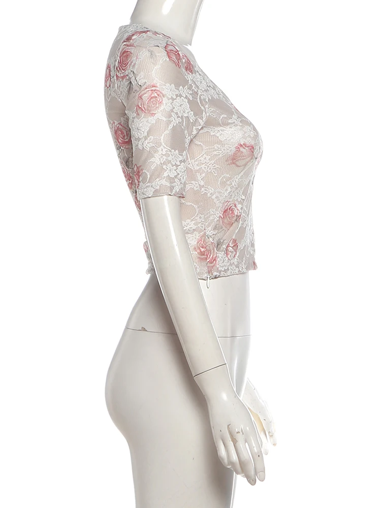 Weird Puss Sexy 2-teiliges Set für Damen, durchsichtiges Jacquard-T-Shirt mit Rundhalsausschnitt + Rock mit elastischem Bund und Schleifendekoration, schickes Sommer-Party-Outfit – Detail 6
