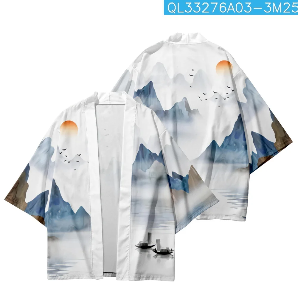 

Chinese Landscape Painting Printed Beach Kimono Oversized Tops 6XL 5XL 4XL Japanese Cosplay Men Women Cardigan Haori Obi