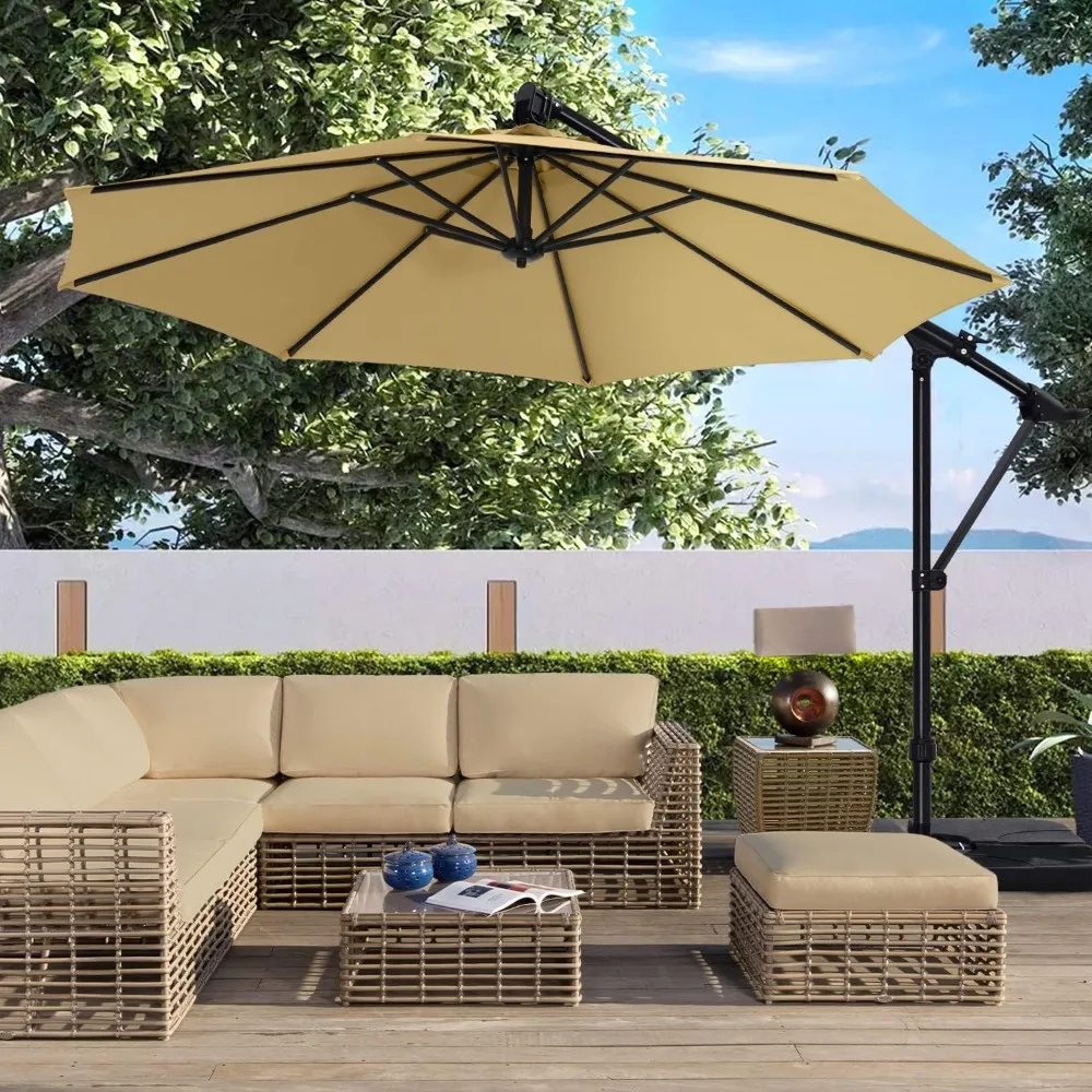 

10FT Cantilever Umbrella Offset Hanging Patio Umbrella with Base Stand Rotate and Tilt，Suitable, Customized