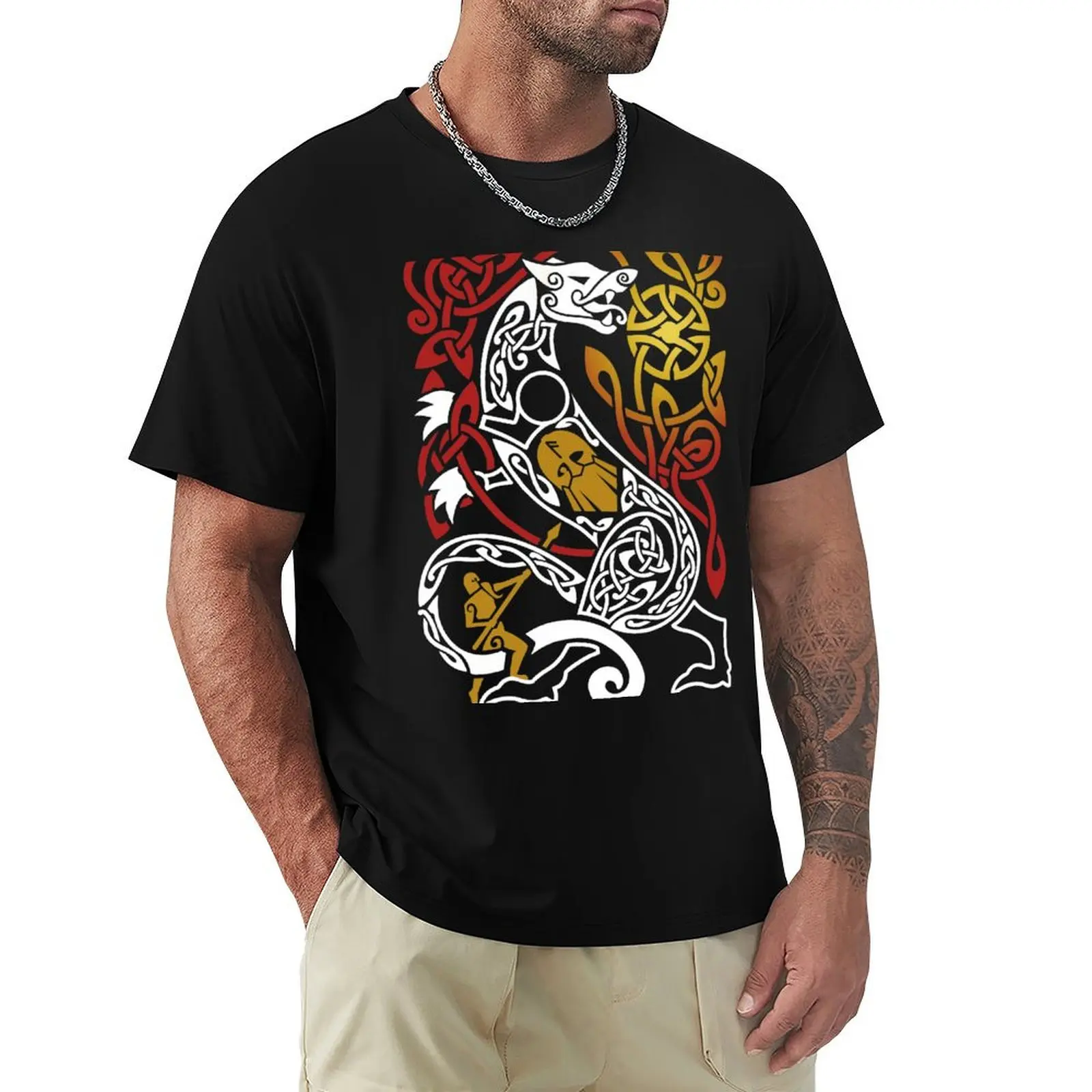 Fenrir at Ragnarok Norse Mythology Knotwork Coloured T-Shirt Plus Size Street Style Tee
