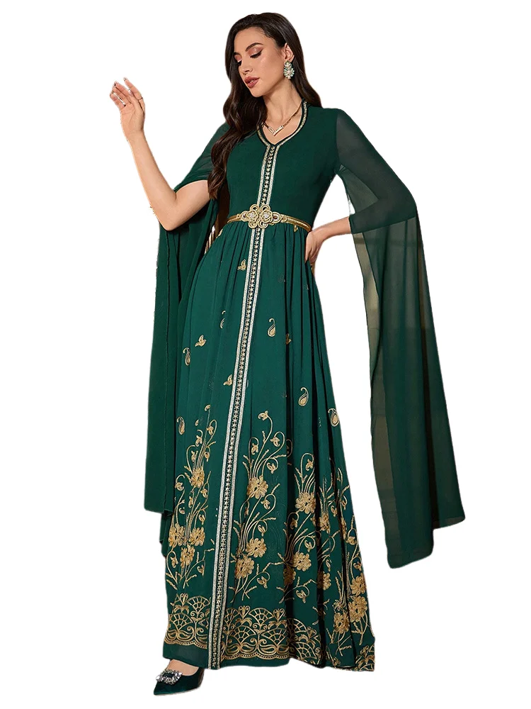 

Elegant Luxury Dubai Indian Dress Women Muslim Abayas Fashion Chiffon Pullover Embroidered Dress Extra Long Sleeves Muslim Dress