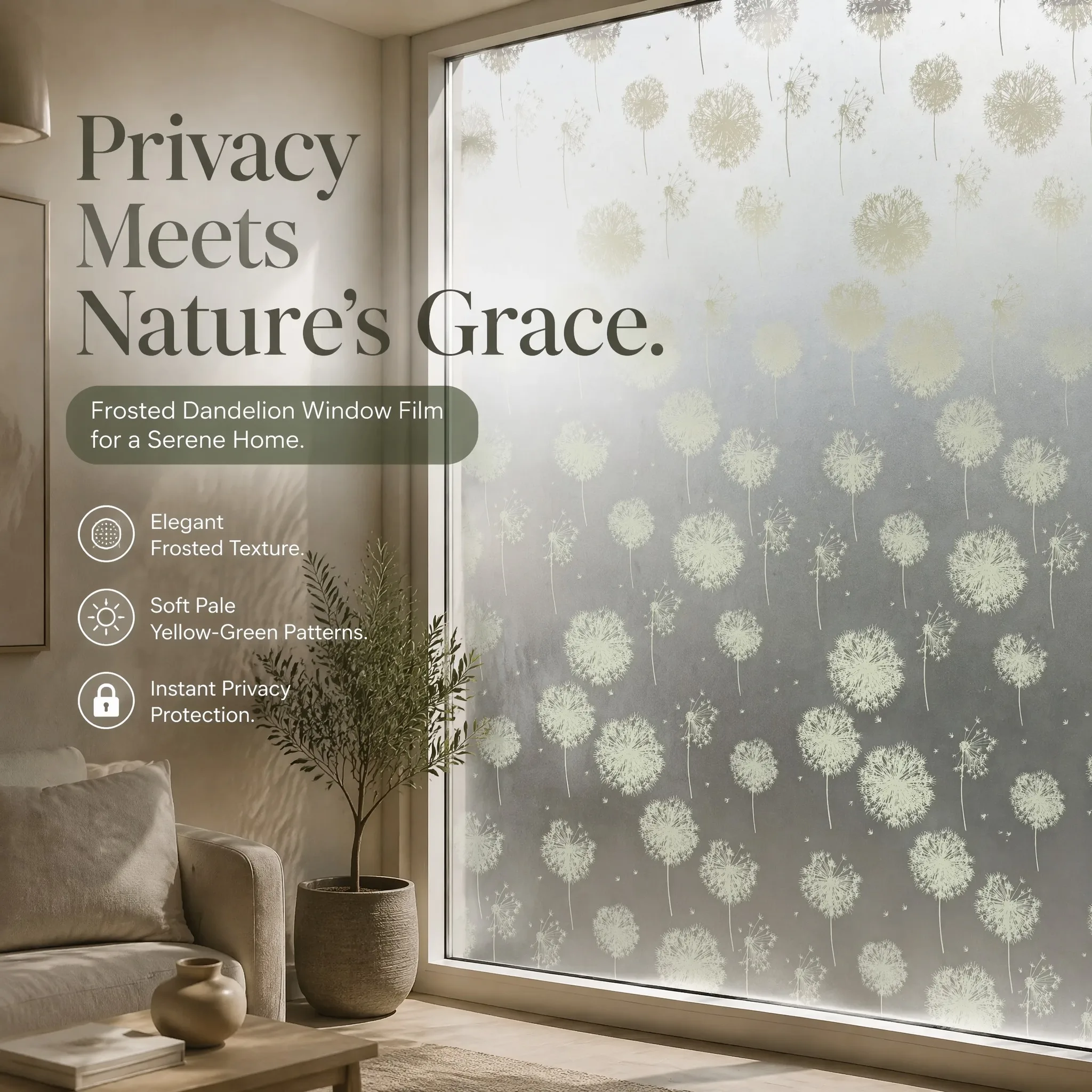 Elegant Light Dandelion Pattern Privacy Window Film Built-in Adhesive Soft Light Filter Cuttable PVC for Warm Nordic Minimalist