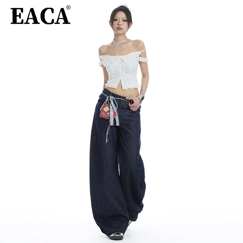 EACA Wooden Ear Side Double Waist Head Jeans Women 2025 Spring New Design Washed Everything Casual Fashion Comfortable