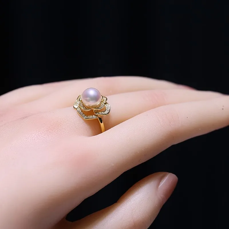 MeiBaPJ 8mm Natural Nearround Pearls Fashion Golden Flower Ring DIY 925 Silver Holder Setting Fine Wedding Jewelry for Women 5