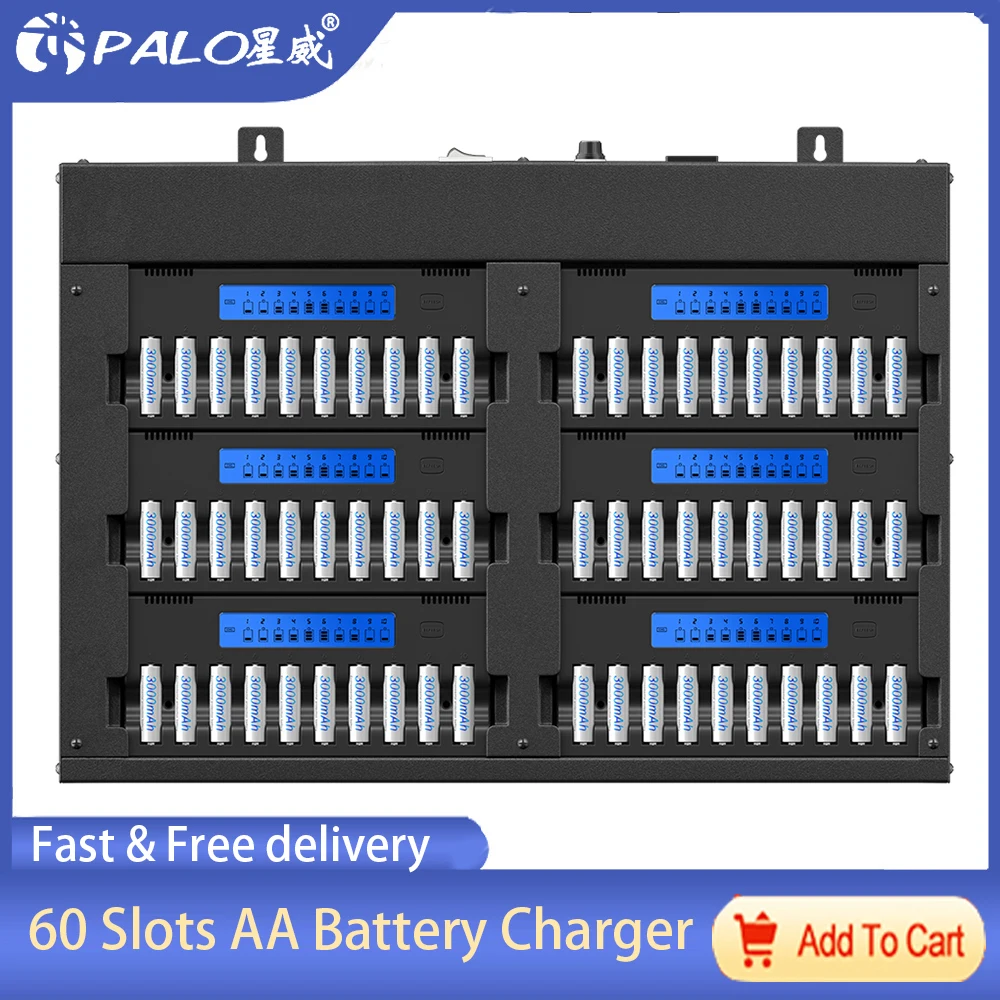 

PALO 60 Slots 1.2V AA Battery Charger LCD Smart Fast Charger For 1.2V AA 2A NI-MH NI-CD Rechargeable Battery Quick Charger