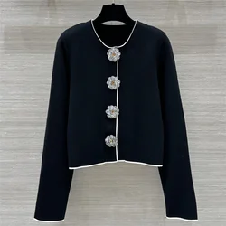 Cardigan for women 2024 Autumn New Shiny Flower Button Decorative Long Sleeve Top wool blend Women's coat Elastic slim knitwear