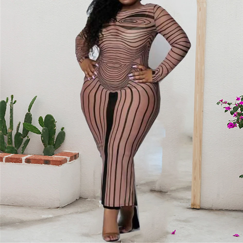 

Striped Women Long Dress Round Neck Long Sleeve Plus Size Clothes Stretch Slim Sexy Brown Fashion Dresses Wholesale