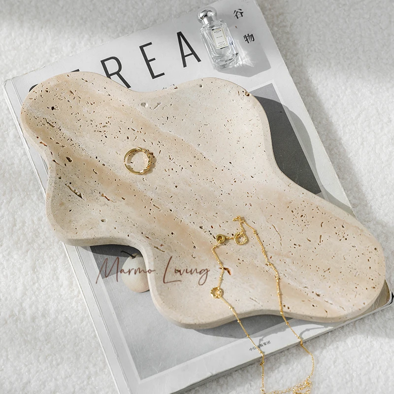 Travertine Serving Tray for Coffee Table Irregular Decorative Trinket Dish for Jewelry Ring Key