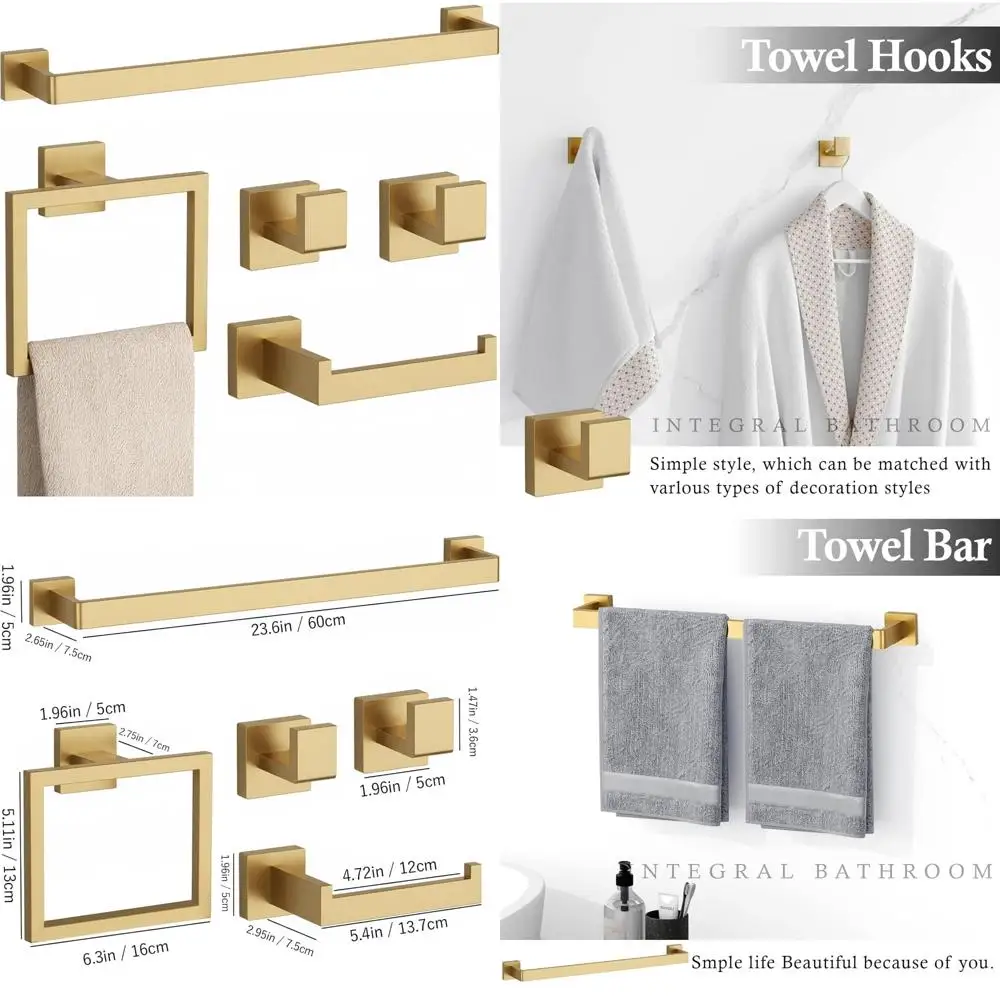

Wall Mounted Brushed Gold Bathroom Accessory Set - Towel Bar, Ring, Toilet Paper Holder, Hooks, Modern Home Decor