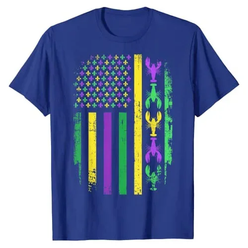 Mardi-Gras Crawfish Outfits Graphic Tee Tops   Men Clothing Mardi Gras US American Flag with Crawfish New Orleans streetwear