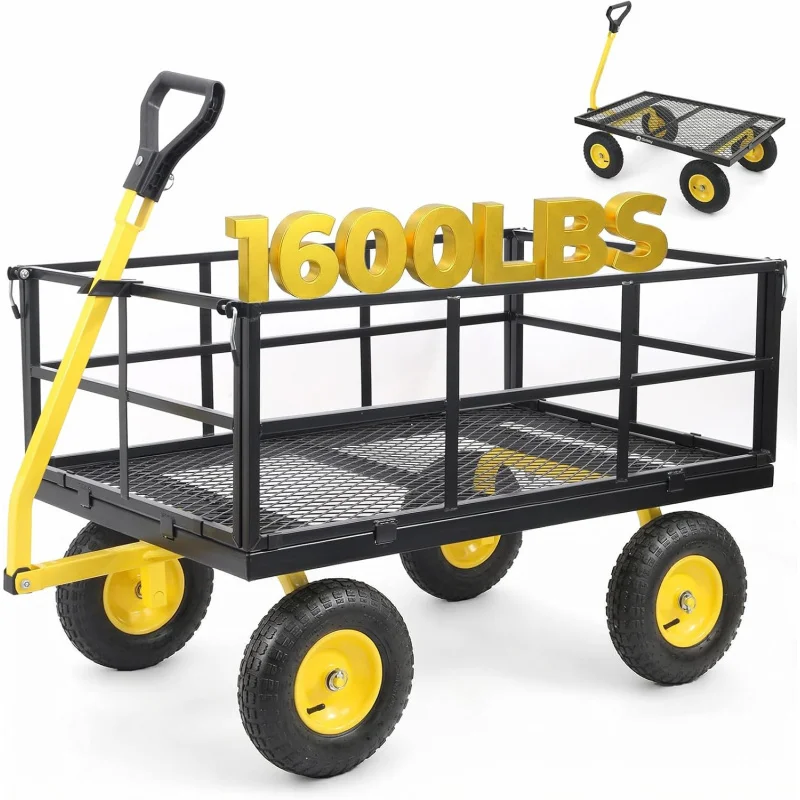 

1600Lb Heavy Duty Steel Garden Cart, 12CuFt Large Utility Wagon, Removable Sides, 2-in-1 Tow Handle, 13 Rubber Tires
