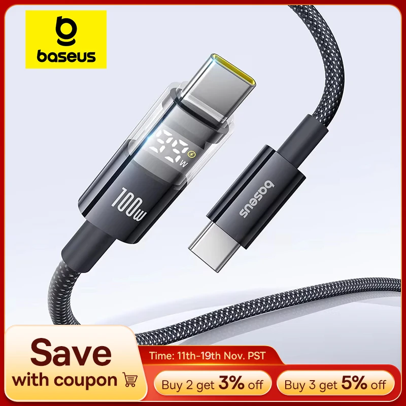 Baseus USB C Cable 100W For iPhone 17 16 15 Pro Max LED Dispaly USB Cable Type C for Macbook pro Fast Charge Wire for Xiaomi