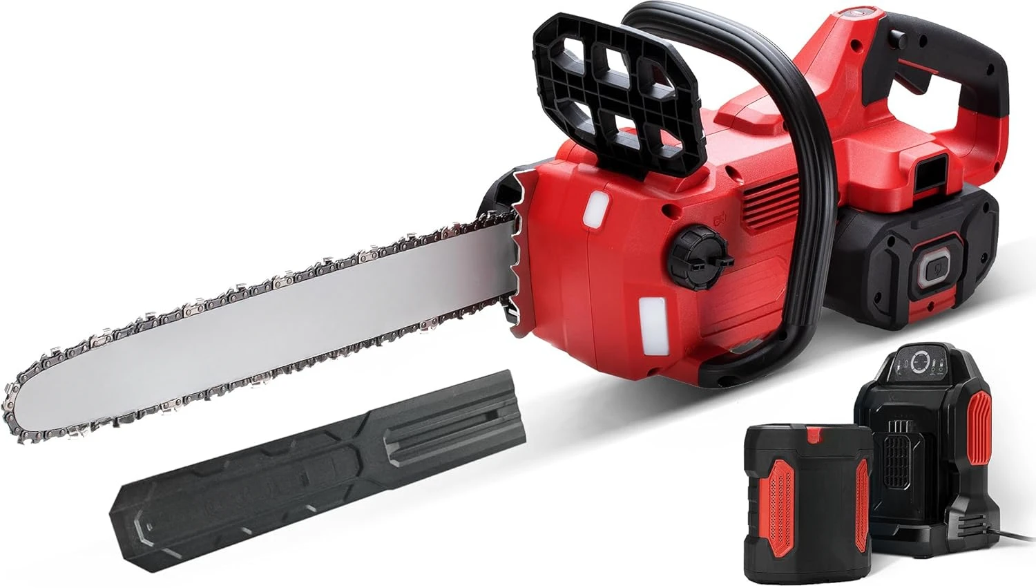 Chain and Guide Bar, Tool-Free Tension, Auto-Oiler, Low Kickback,5Ah Battery+8A Fast Charger+Scabbard+Oil Included