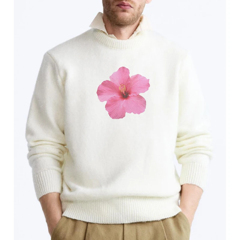 Sweater Men Long Sleeve Pullovers Korean Style Autumn And Winter Round Collar Loose Flower Print Fashion Brand New Korean Style