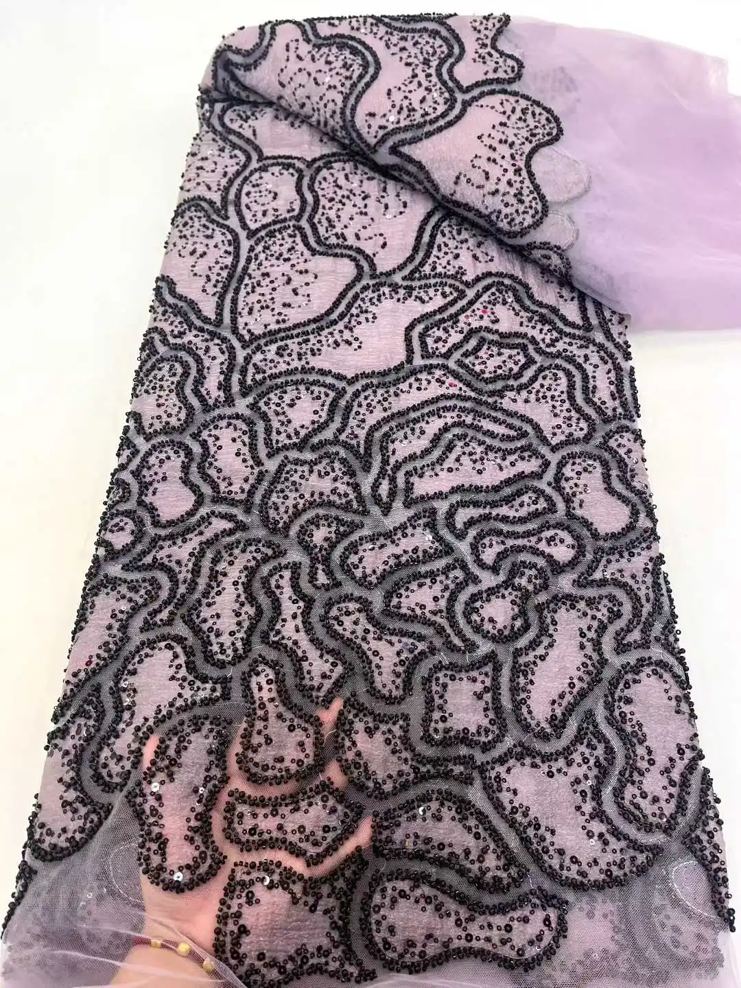 激安販売中！5ヤードのアフリカ製スパンコールビーズ付きレース、高品質刺繍入りフランス・ナイジェリア風チュールレース生地、ウェディングパーティードレス用