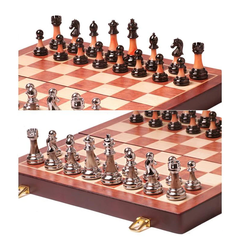 Luxuriöses großes Schachspiel, internationales Reise-Schach-Tischbrettspiel, zusammenklappbares Schachbrett aus Holz, gewichtete Schachfiguren aus ABS