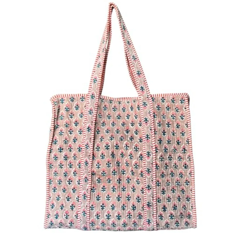 

ATOSII Women Handblock Print Quilted 100% Cotton Floral Large Shoulder Tote Bag with Pocket Zipper for Work Beach and Travel