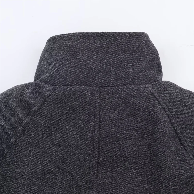 Damesjas 2025, herfst en winter, nieuwe stijl, grijze lange mouwen, riem, enkele rij knopen, opstaande kraag, losse jas, modieus