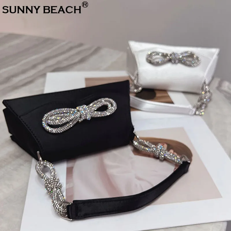 

Bling Luxury Totes Designer Diamond Shiny Bags Shoulder Bow Sweet Pink Satin Prom Party Purse Brand Small Kawaii Wedding Handbag