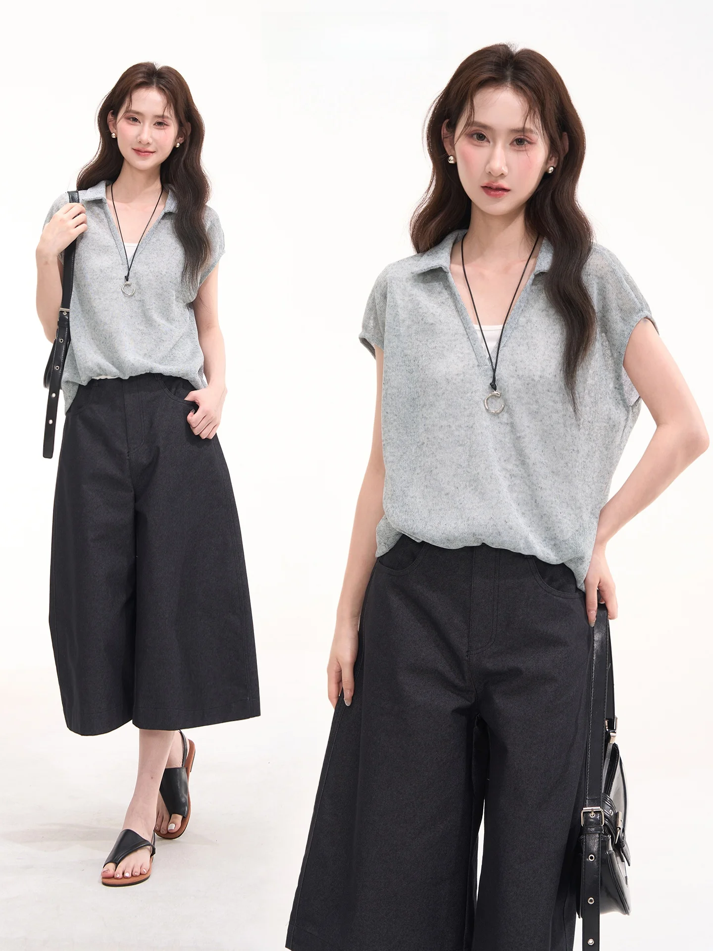 

Heme Korean Style Linen Knitwear Short Sleeve Turn-down Collar Women's Summer Top Fake Two-Piece Window Display Floral Field