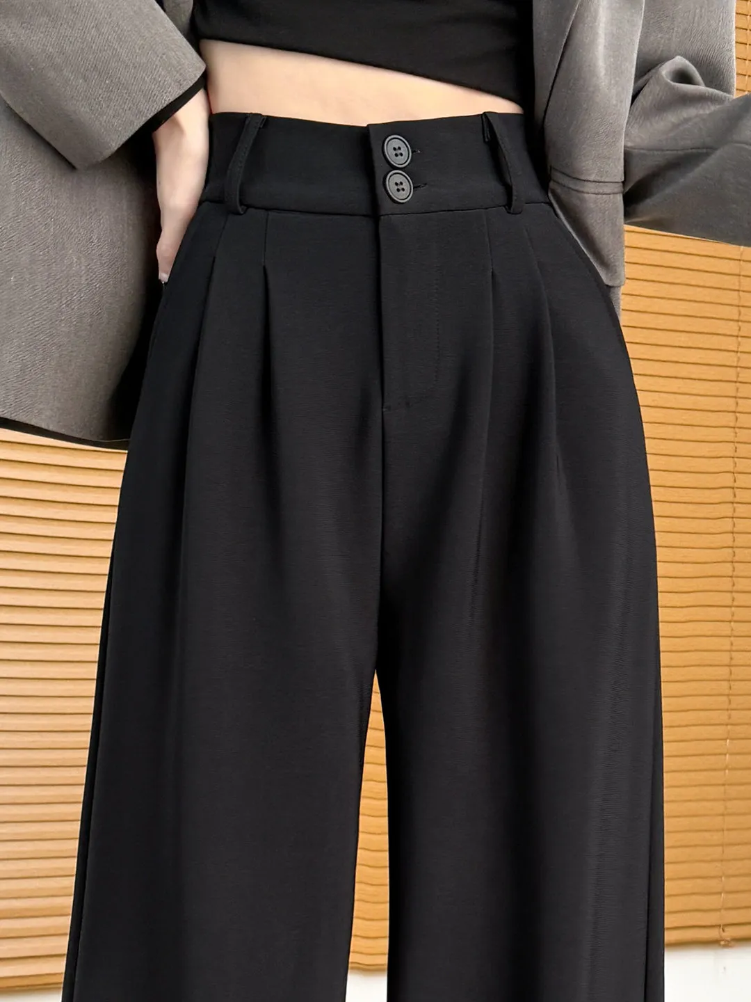 

High Waist Wide Leg Suit Pants Women's Black Slim Fit Drapey Elegant Trousers Casual High Waist Polyester Fiber mid Stretch