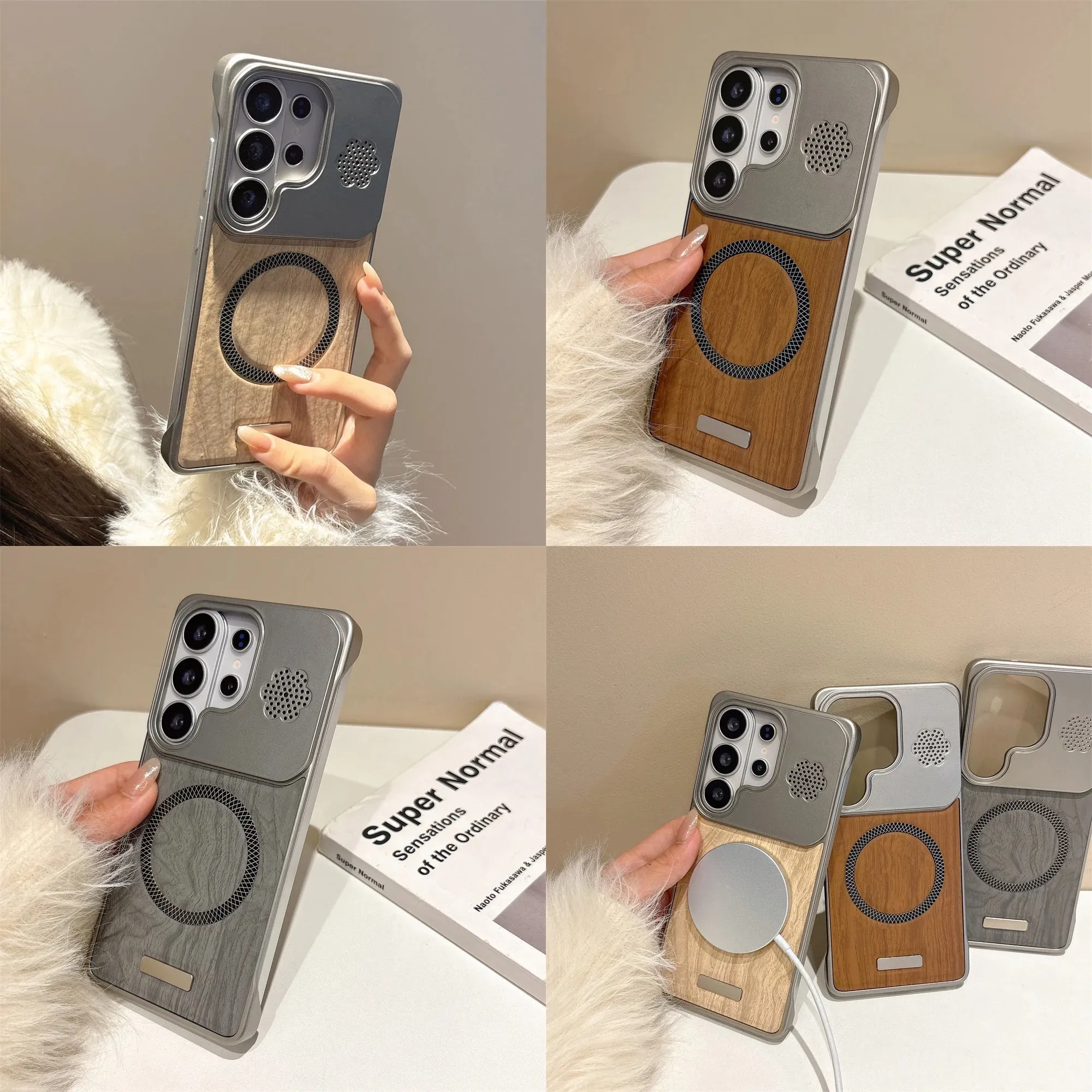 Wood Grain Leather Frameless Magnetic Phone Case For Samsung S26 S25 Ultra S24 Plus FE A56 A55 S26Ultra Plating Borderless Cover