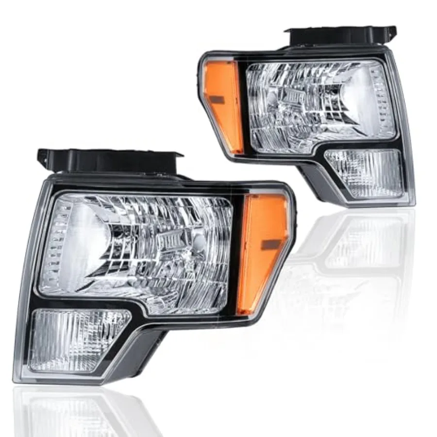 مجموعة المصابيح الأمامية مجموعة المصابيح الأمامية المتوافقة مع 20092014 F150 استبدال المصابيح الأمامية الكروم الإسكان العنبر عاكس لتعزيز