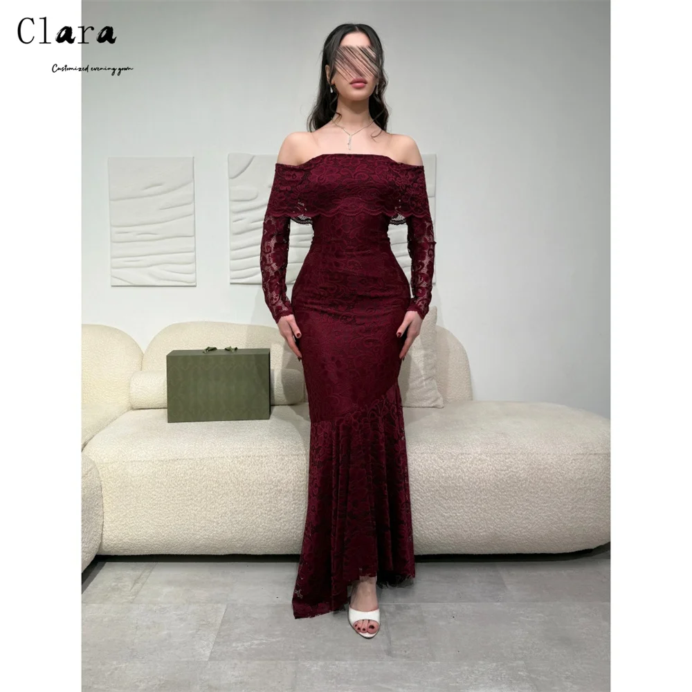 

Clara Custom Burgundy Lace Embroidery Off the Shoulder Elegant Party Dresses 2026 Luxury Evening Dresses for Events Formal Dress