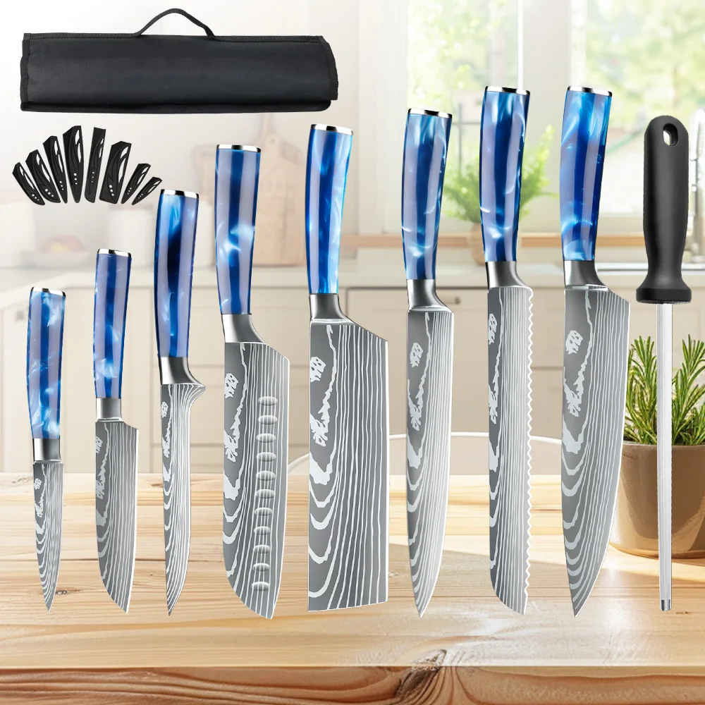 

8PCS Utility Kitchen Knifes Resin Handle Carbon Steel Chef Knives Meat Cleaver Fruit Vegetable Slicing Knife Cooking Tool
