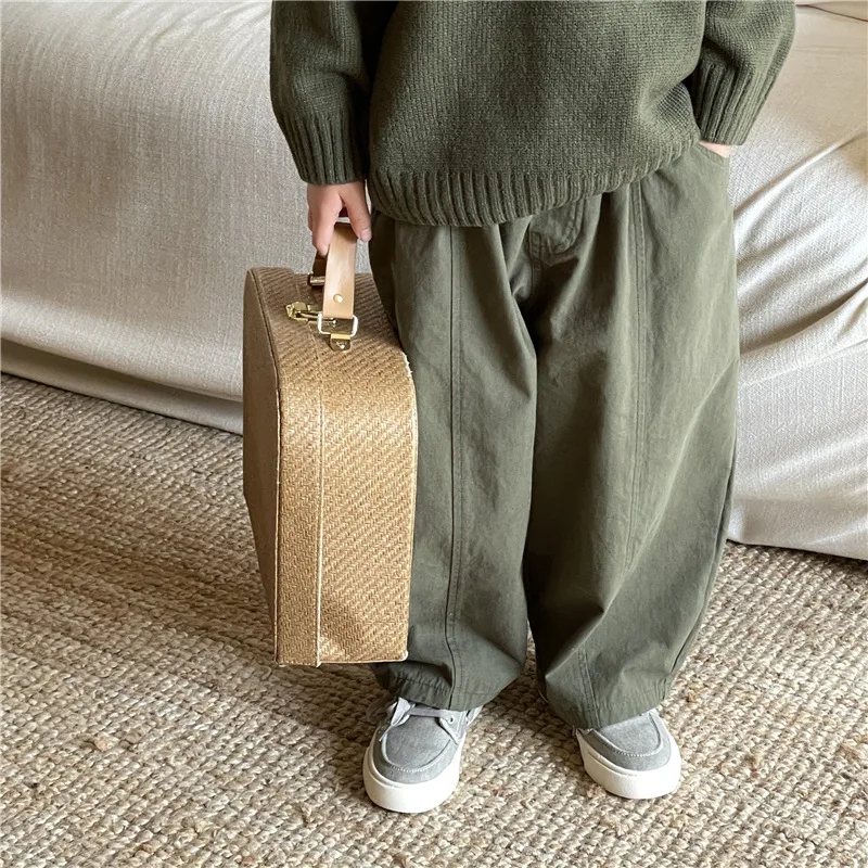 

Children Casual Pants 2024 Autumn New Korean Style Baby Boys and Girls Splicing Pants Baby Fashion Solid Radish Full Pants