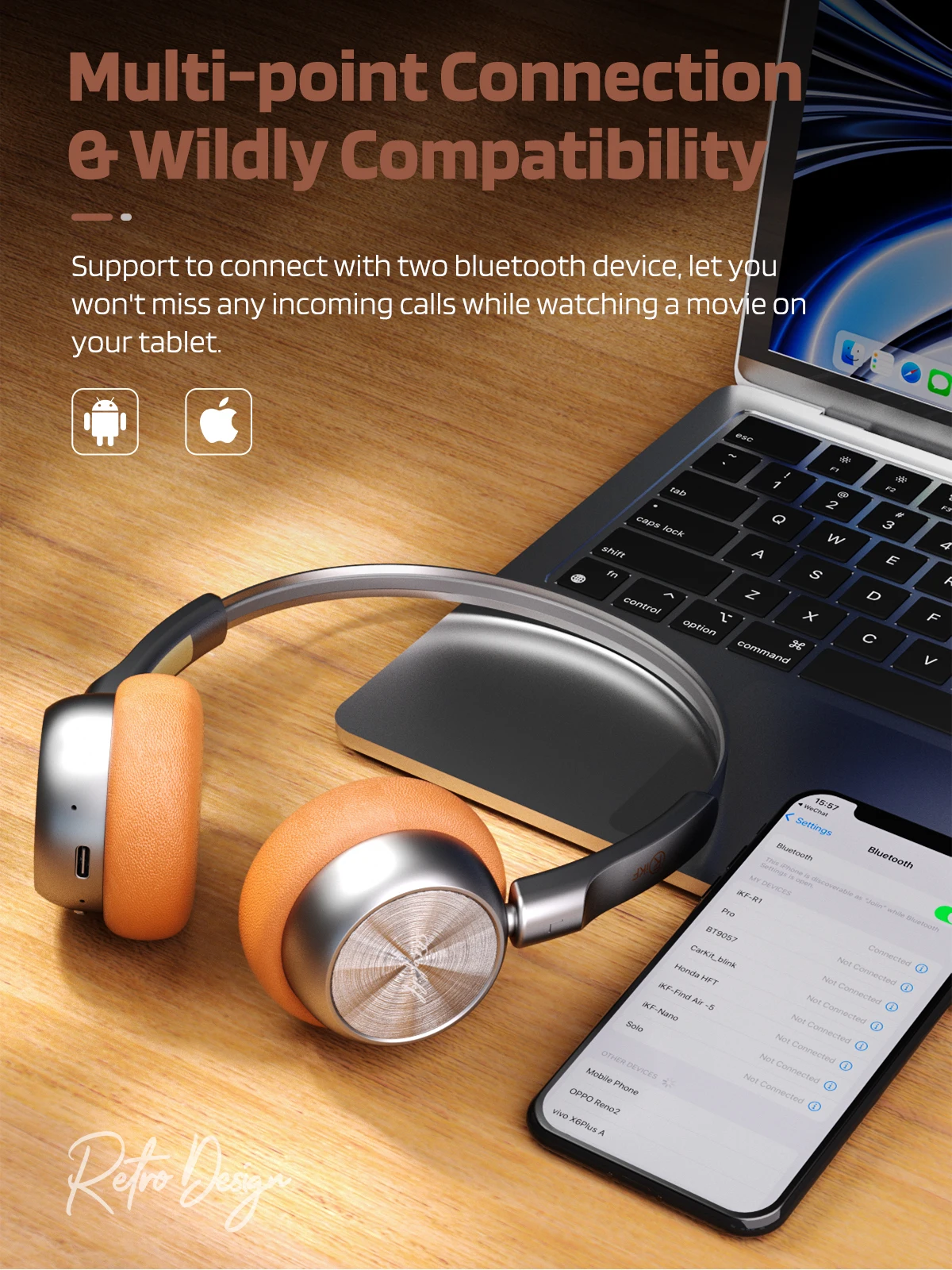 سماعة رأس عتيقة ، سماعة رأس معدنية ، سماعة رأس لاسلكية ، بلوتوث ، صوت HiFi ، وقت تشغيل 60 ساعة ، جهاز مزدوج ، موضة otd