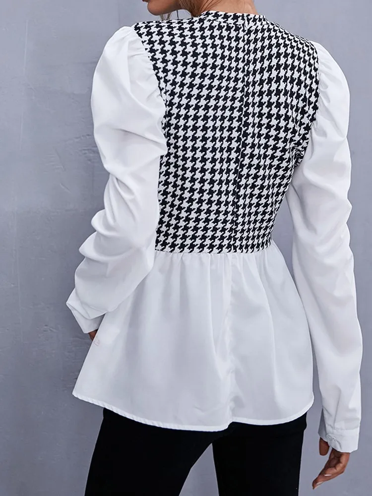 Women Elegant Houndstooth Shirt Fashion Ruffle Stitching Fluffy Long Sleeve Top Casual Chic Ladies Blouse Office Casual Shirts