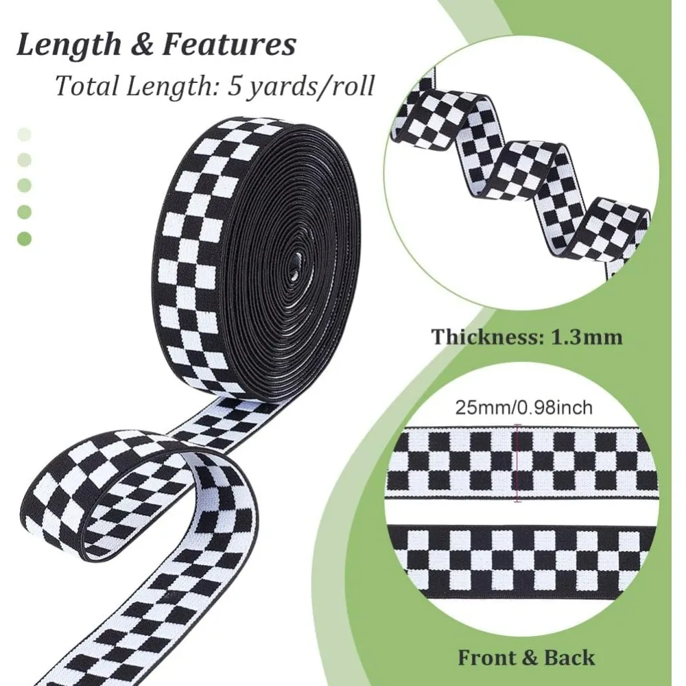 5 Yards Polyester Elastic 1 Inch Wide Plaid Pattern Elastic Black and White Checkered Jacquard Elastic for Curtain Decoration