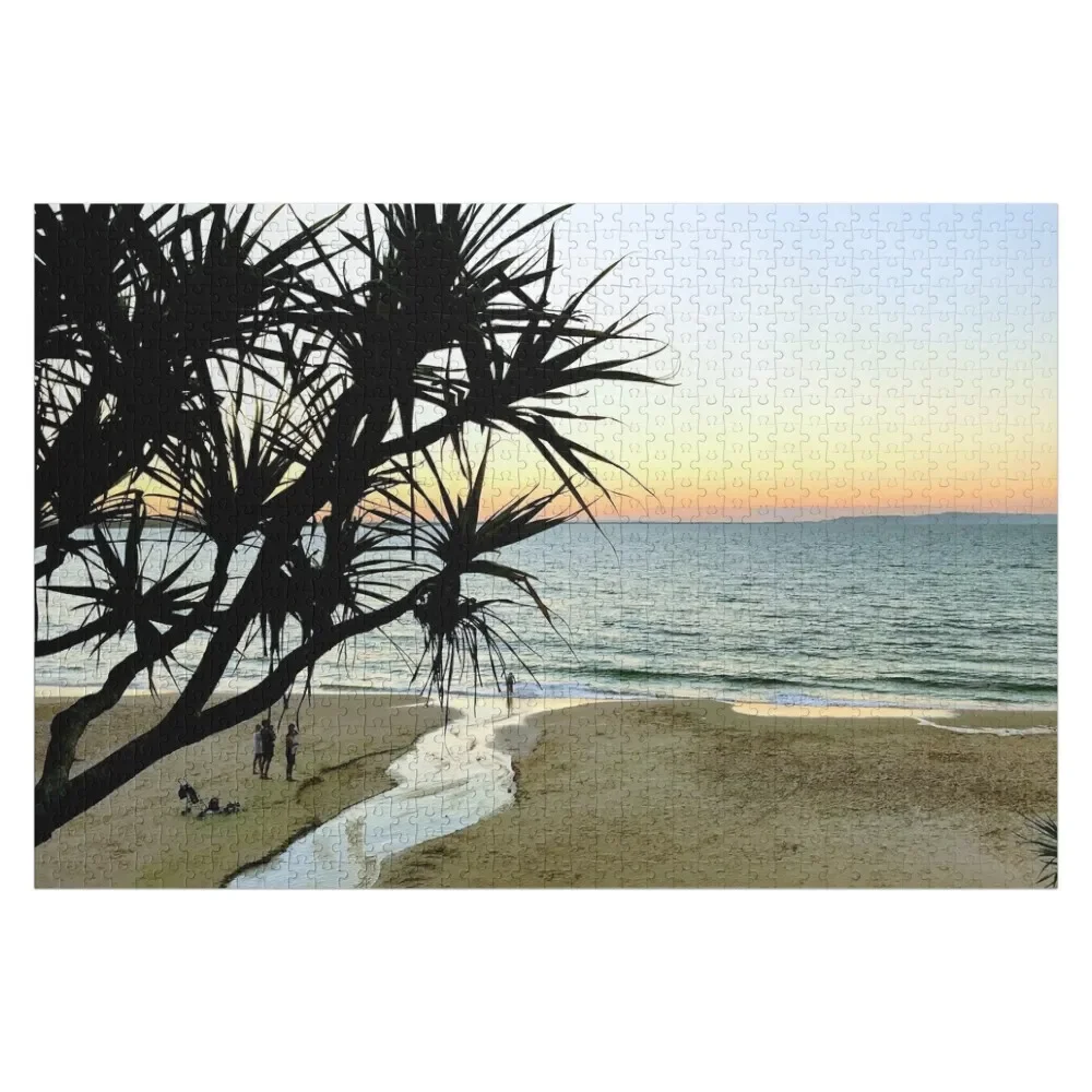 

Noosa Pandanus Sunset over the Ocean at Little Cove Beach, Queensland, Australia Jigsaw Puzzle Photo Custom Wood Puzzle